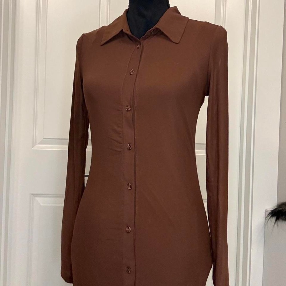 Brown Long Sleeve Mesh Mini Dress‎ — Bodycon Button Up - Size M
